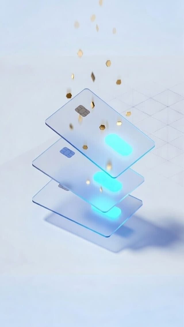 Stacked glass payment cards with golden hexagonal tokens falling from above