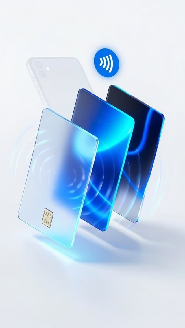 Glass payment card beside a smartphone with an NFC contactless payment icon
