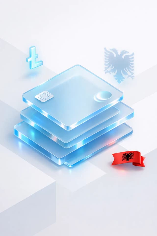 Stacked glass payment cards with a lek symbol, double-headed eagle emblem, and Albanian flag