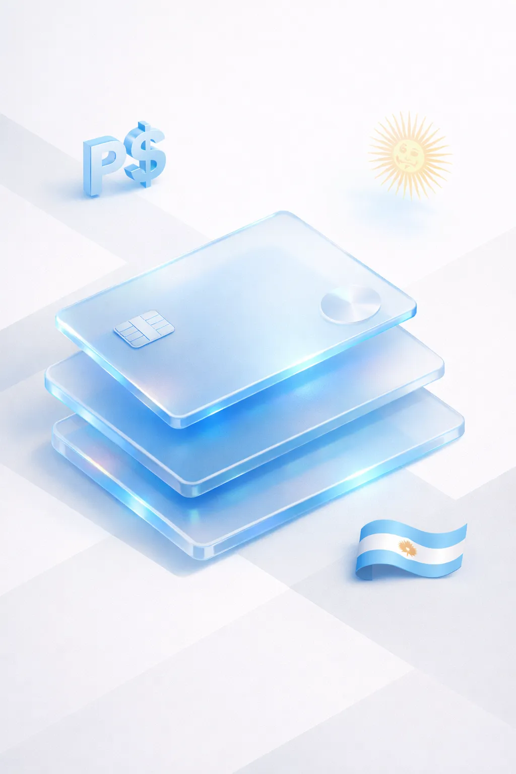 Stacked glass payment cards with a peso symbol, Sun of May emblem, and Argentine flag