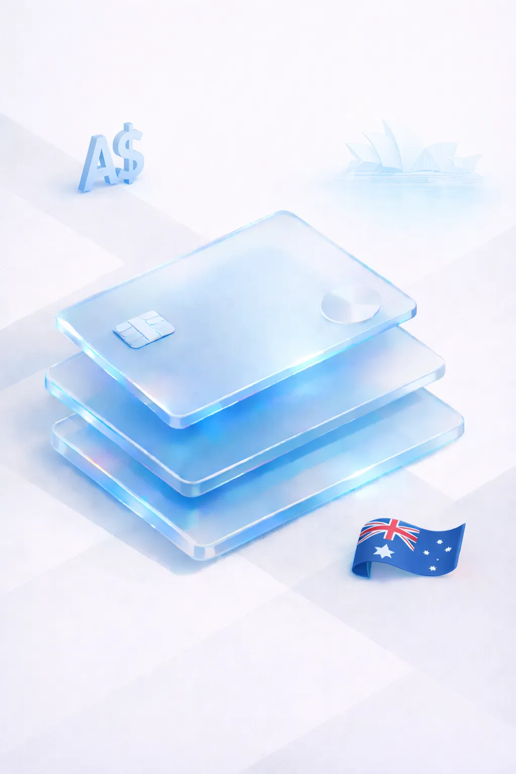 Stacked glass payment cards with an A$ symbol, Sydney Opera House silhouette, and Australian flag