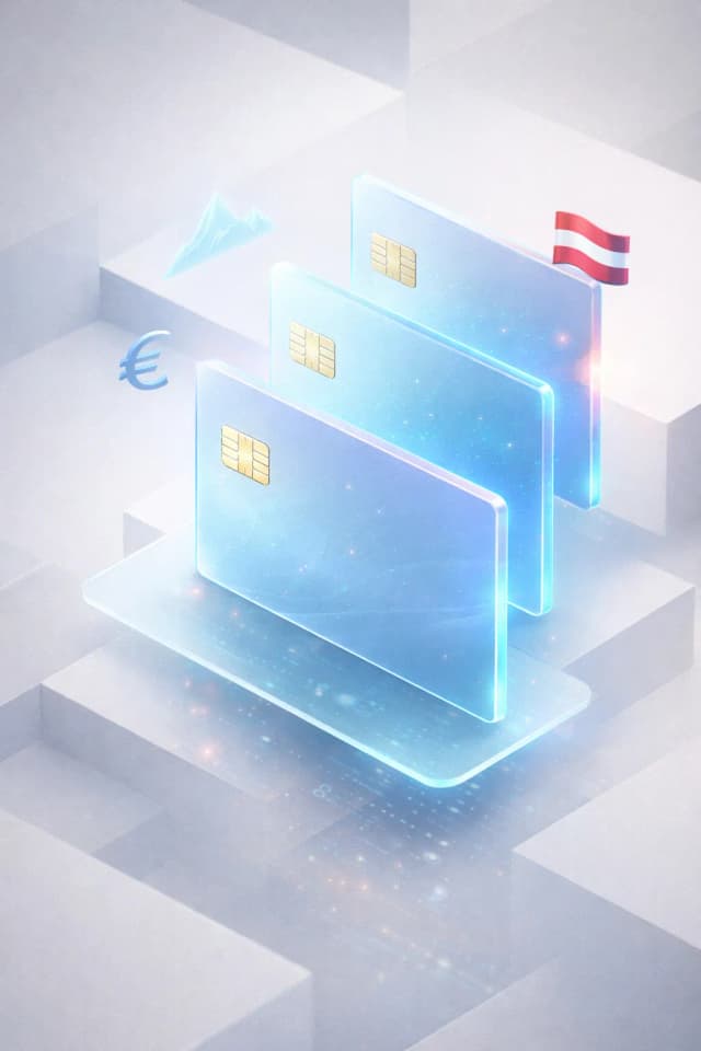 Fanned glass payment cards with a euro symbol, alpine mountain peak, and Austrian flag