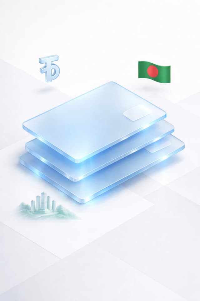 Stacked glass payment cards with a taka symbol, city skyline silhouette, and Bangladeshi flag