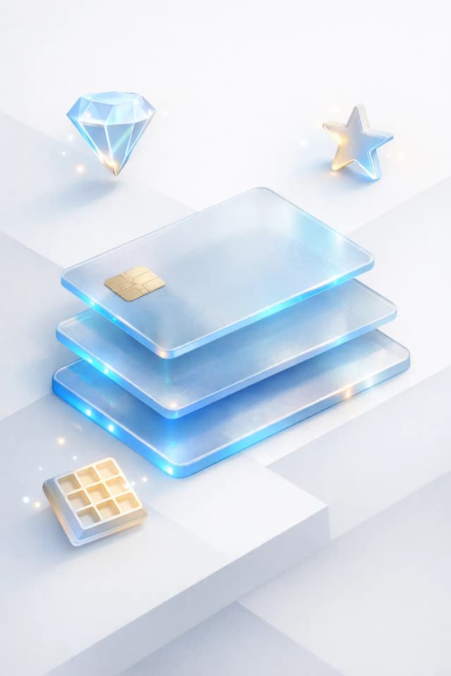 Stacked glass payment cards with a diamond gem, glowing star, and Belgian chocolate box