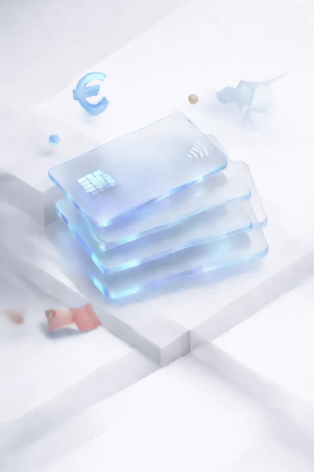 Stacked glass payment cards with a euro symbol, lion silhouette, and Bulgarian flag