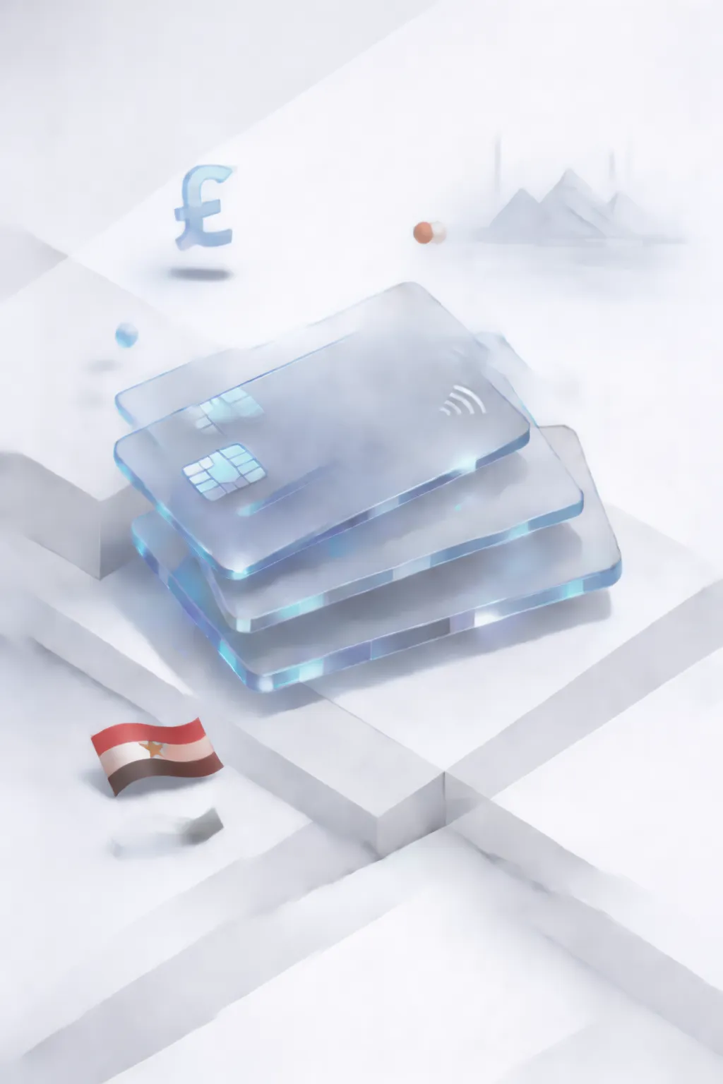 Stacked glass payment cards with a pound symbol, pyramid silhouette, and tricolor flag