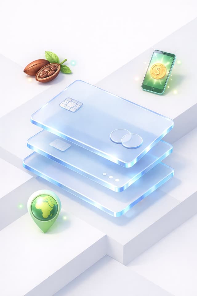 Stacked glass payment cards with a cocoa pod, smartphone with coin, and Africa location pin