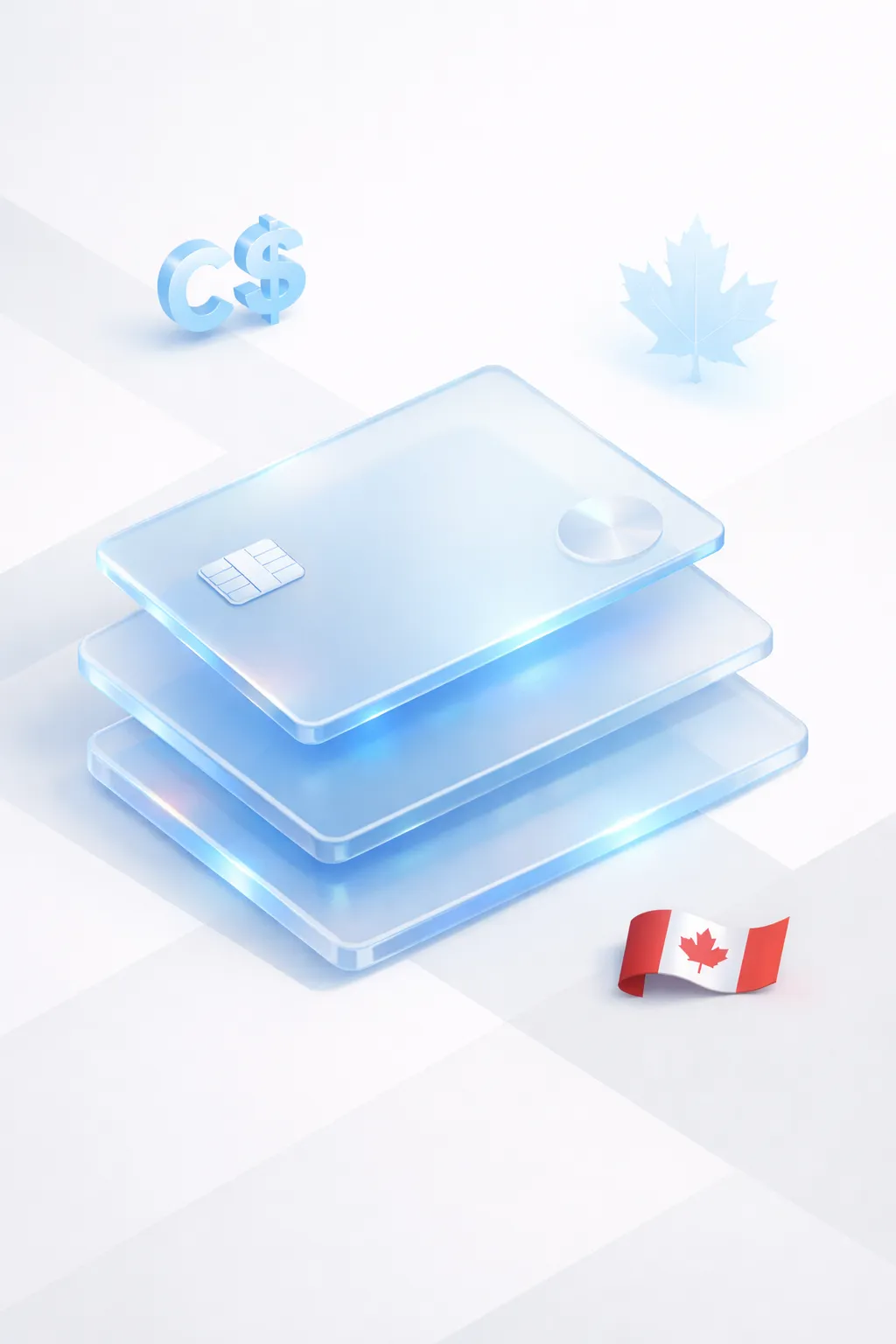 Stacked glass payment cards with a C$ symbol, maple leaf silhouette, and Canadian flag