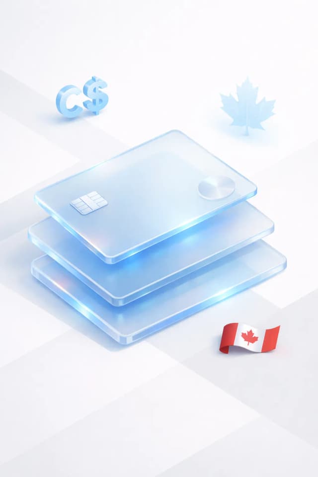 Stacked glass payment cards with a C$ symbol, maple leaf silhouette, and Canadian flag