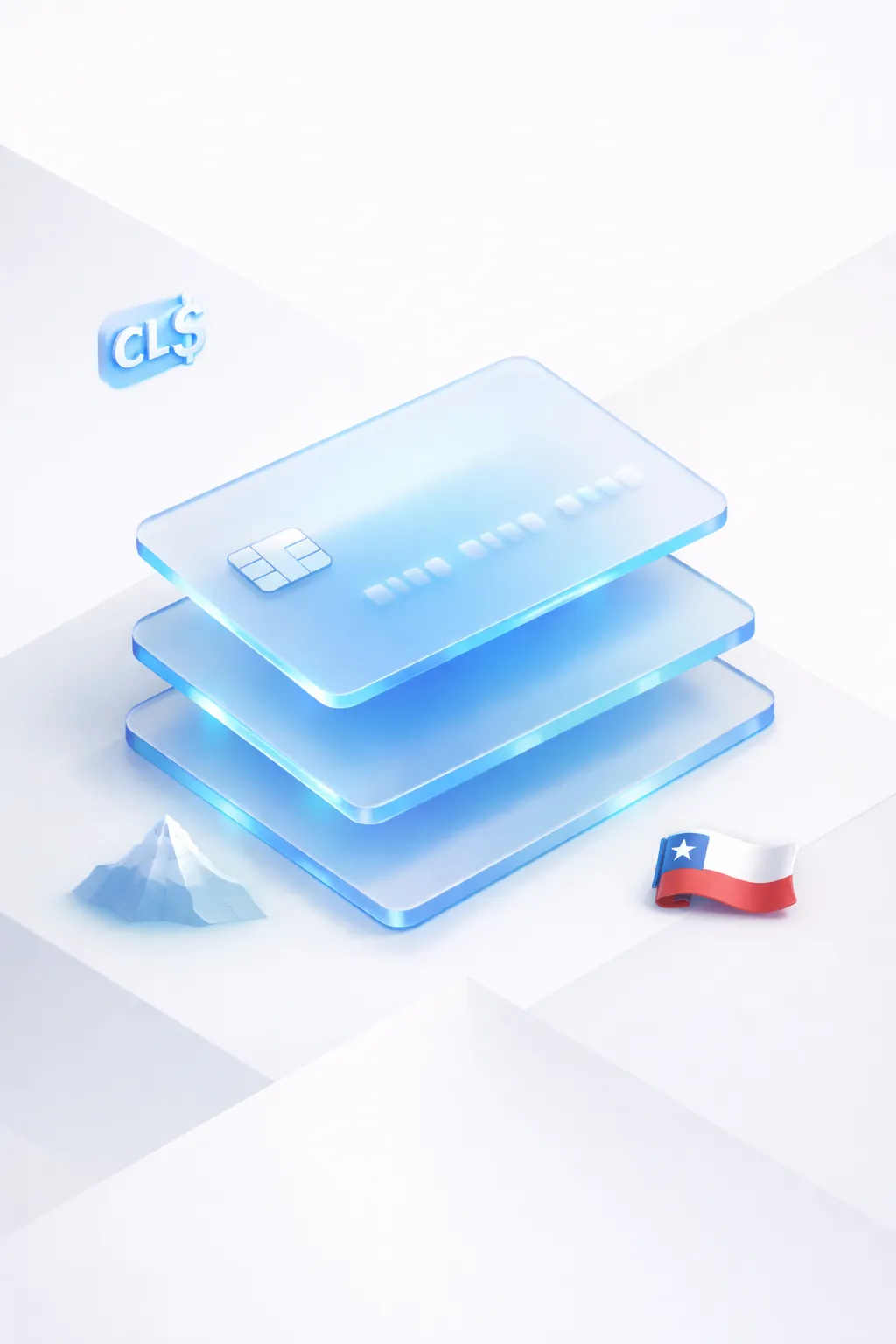 Stacked glass payment cards with a CL$ symbol, Andes mountain peak, and Chilean flag