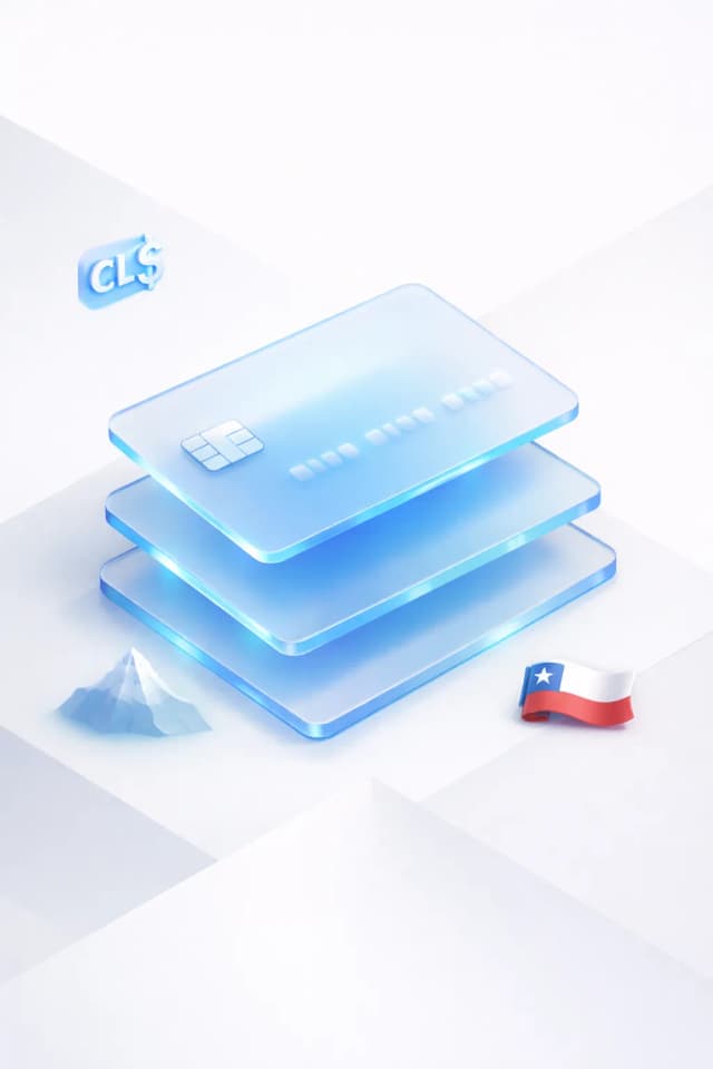Stacked glass payment cards with a CL$ symbol, Andes mountain peak, and Chilean flag