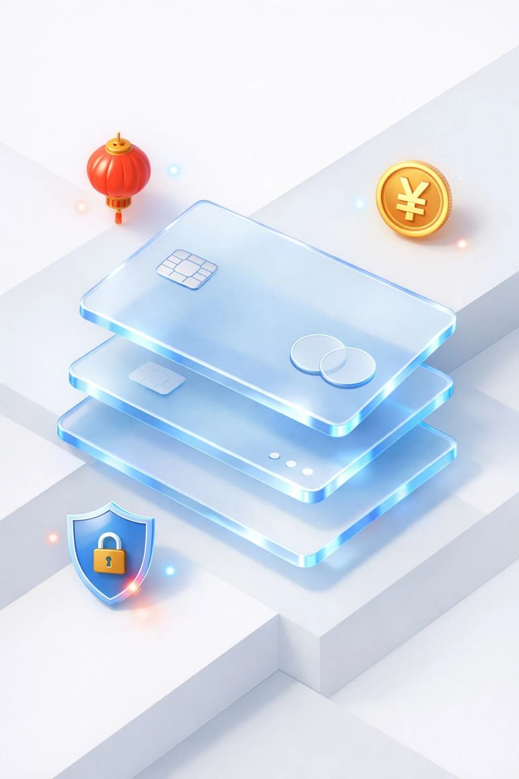 Stacked glass payment cards with a red lantern, yen coin, and security shield icon
