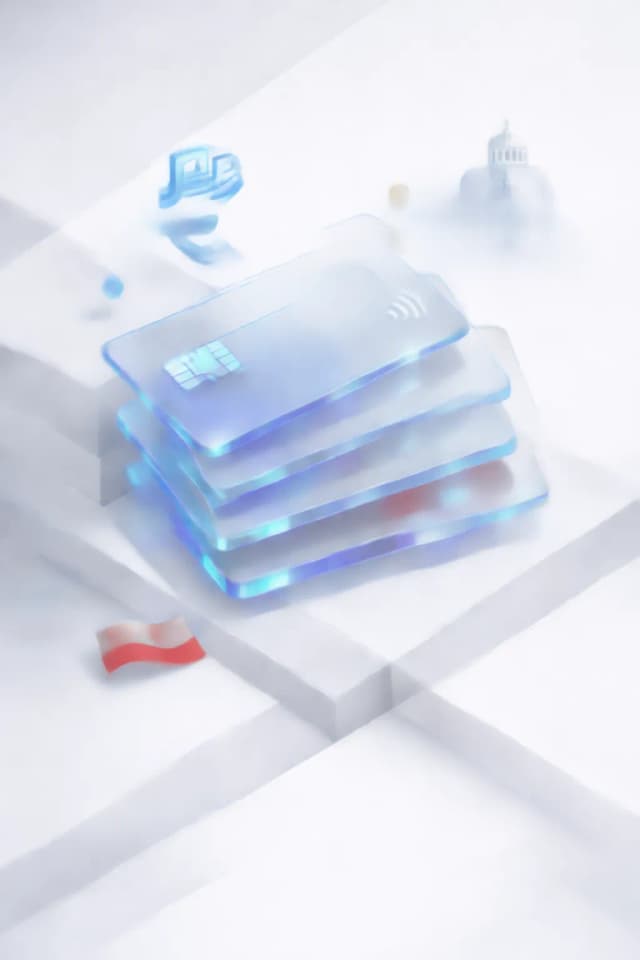 Stacked glass payment cards with a euro symbol, castle silhouette, and Slovak flag