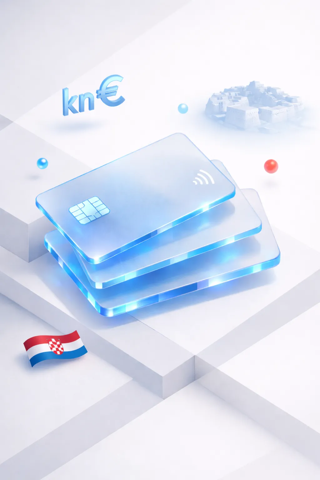 Stacked glass payment cards with a kuna-euro symbol, old town silhouette, and Croatian flag