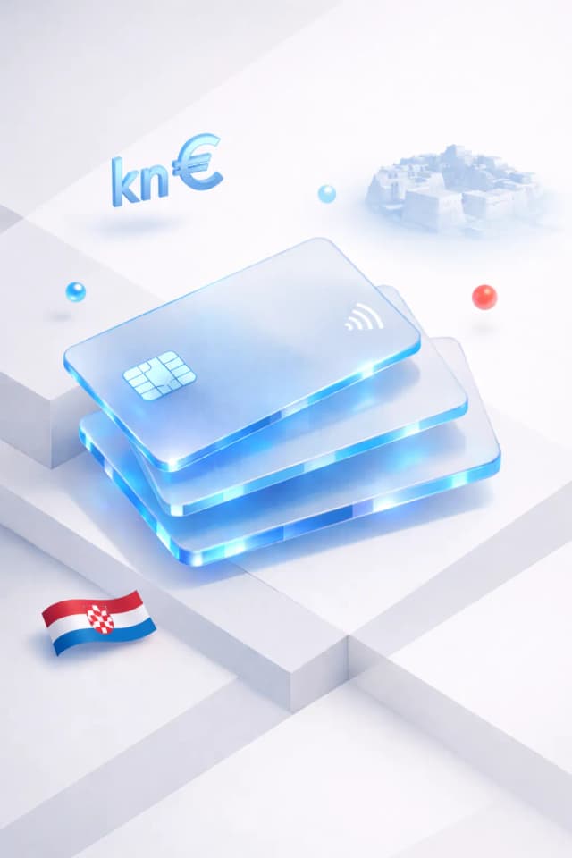 Stacked glass payment cards with a kuna-euro symbol, old town silhouette, and Croatian flag