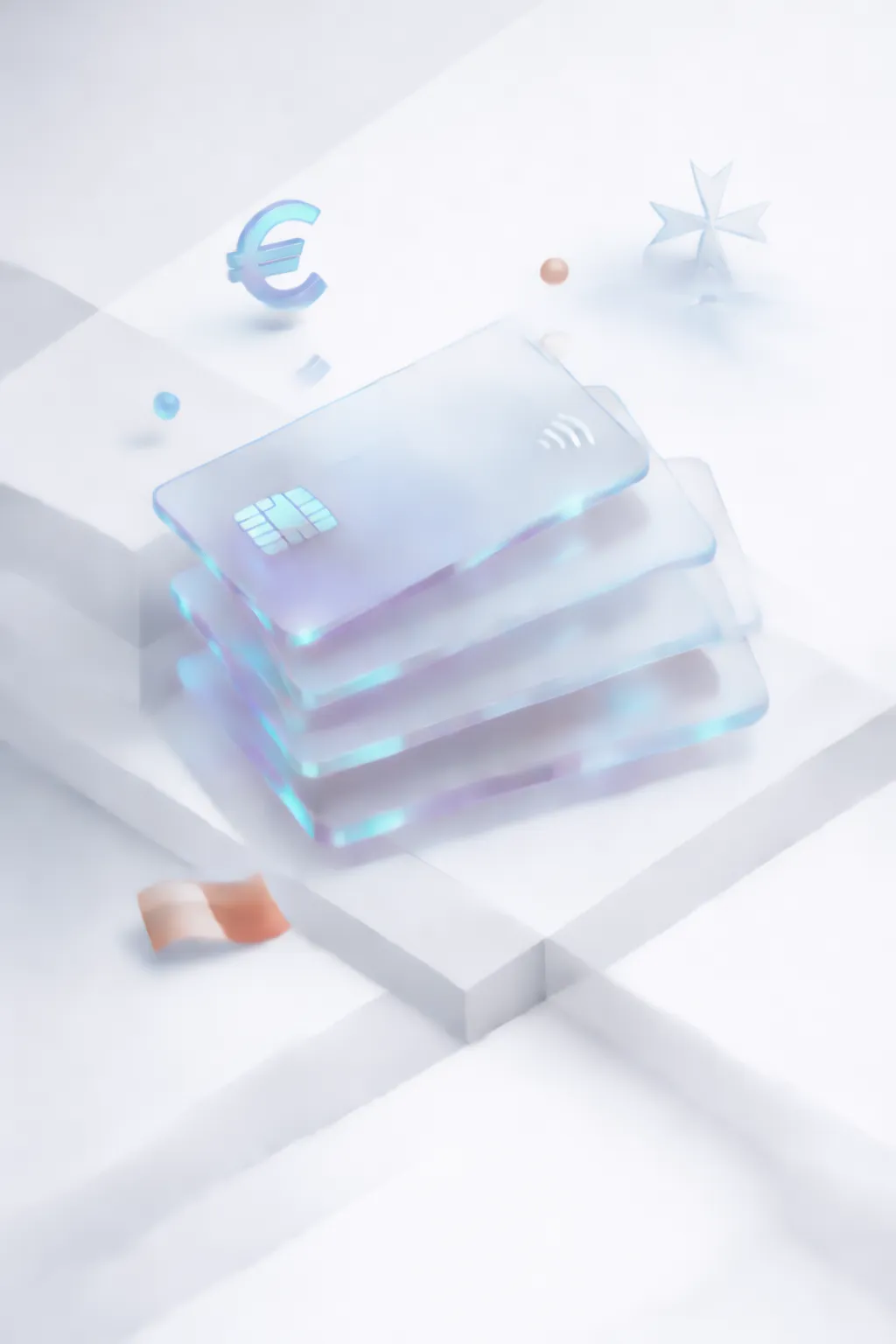 Stacked glass payment cards with a euro symbol, Maltese cross star, and Cypriot flag