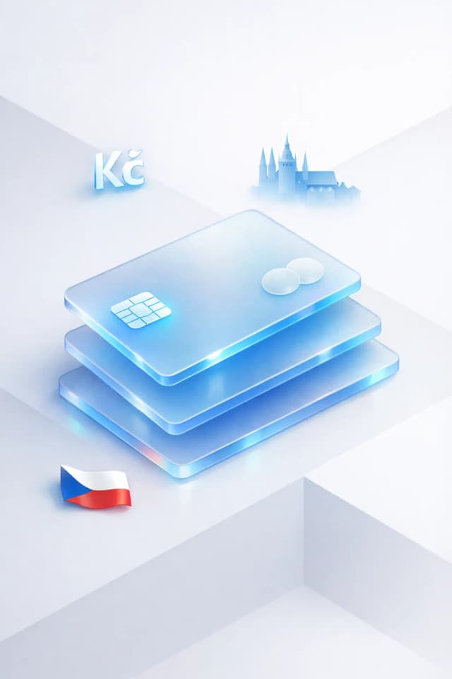 Stacked glass payment cards with a Kc symbol, Prague Castle silhouette, and Czech flag