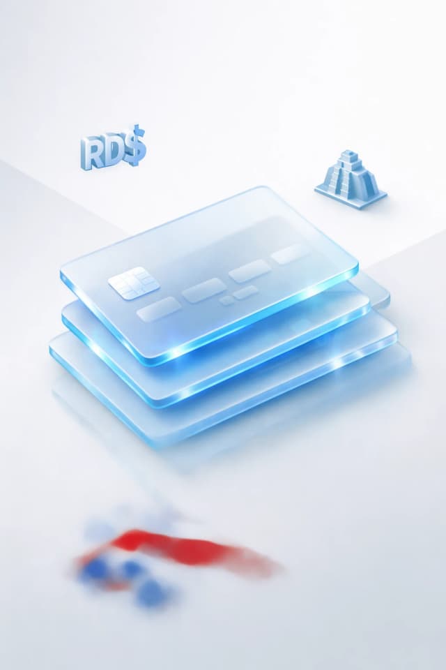 Stacked glass payment cards with a peso symbol, colonial building silhouette, and Dominican flag