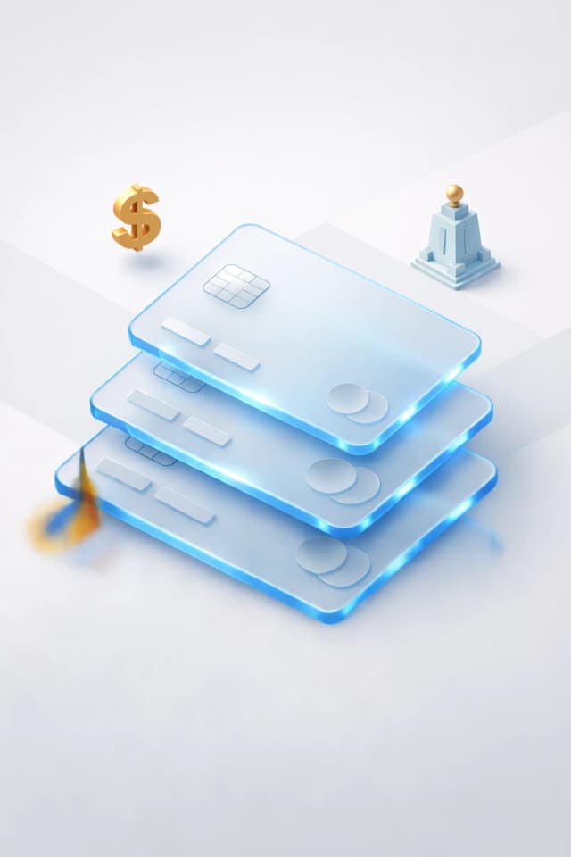 Stacked glass payment cards with a dollar symbol, basilica silhouette, and Ecuadorian flag