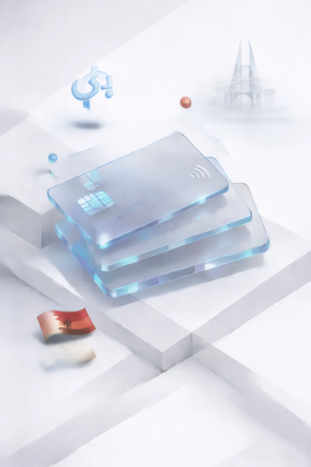 Stacked glass payment cards with a pound symbol, pyramid silhouette, and Egyptian flag