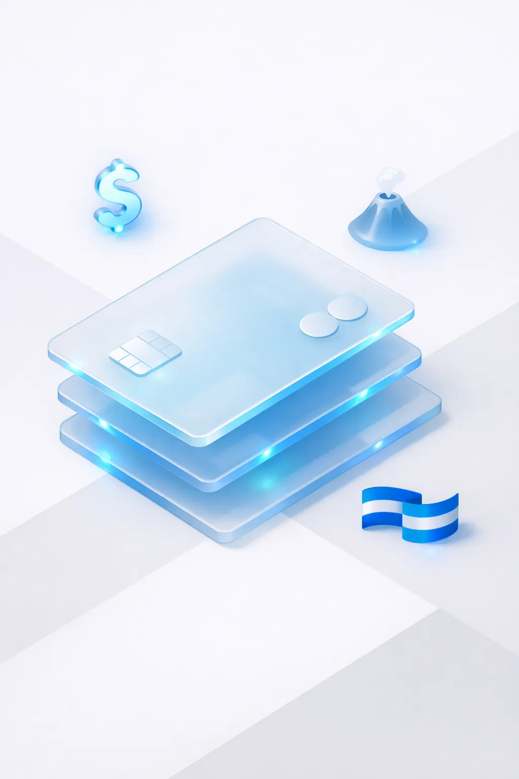 Stacked glass payment cards with a dollar symbol, volcano silhouette, and Salvadoran flag