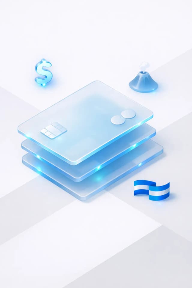 Stacked glass payment cards with a dollar symbol, volcano silhouette, and Salvadoran flag