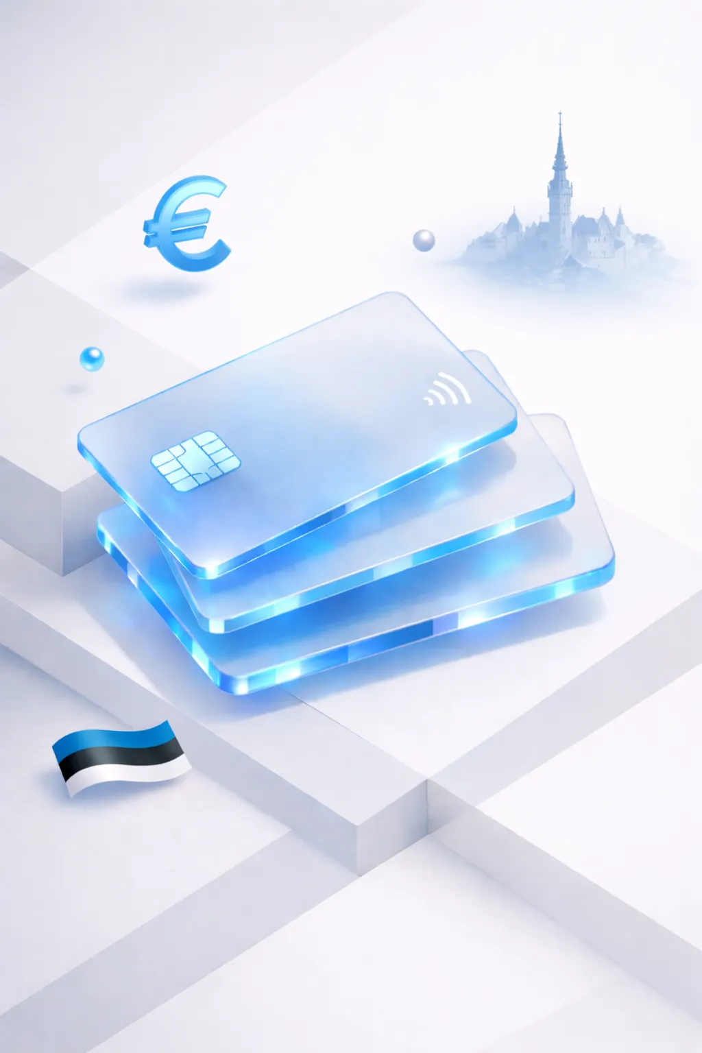 Stacked glass payment cards with a euro symbol, Tallinn old town spire, and Estonian flag