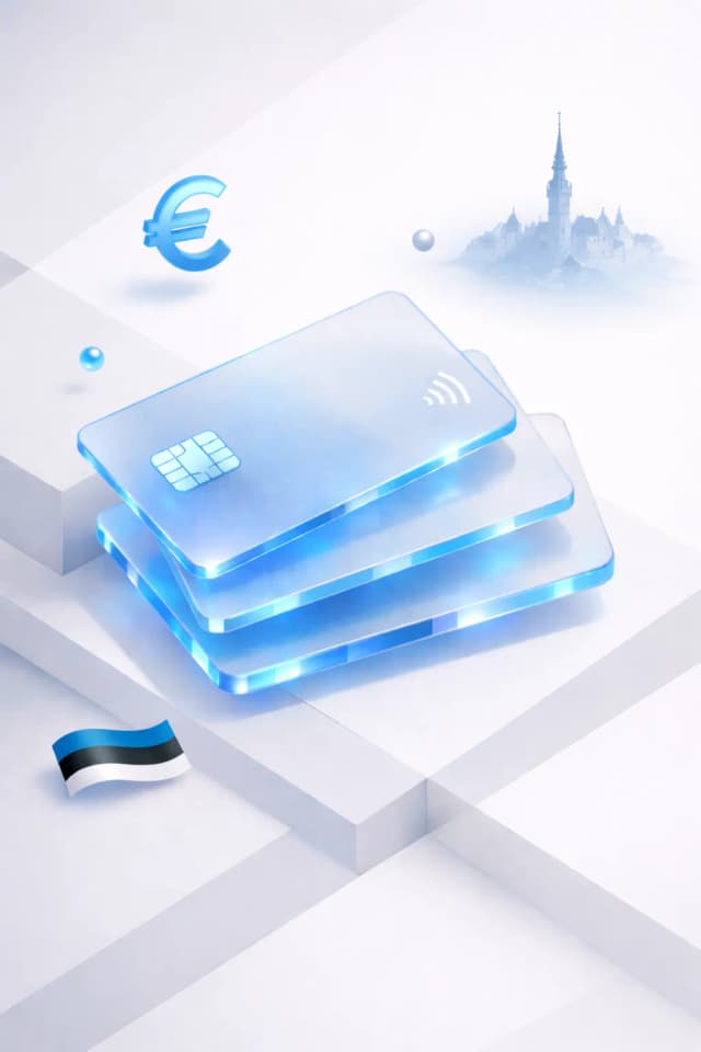Stacked glass payment cards with a euro symbol, Tallinn old town spire, and Estonian flag