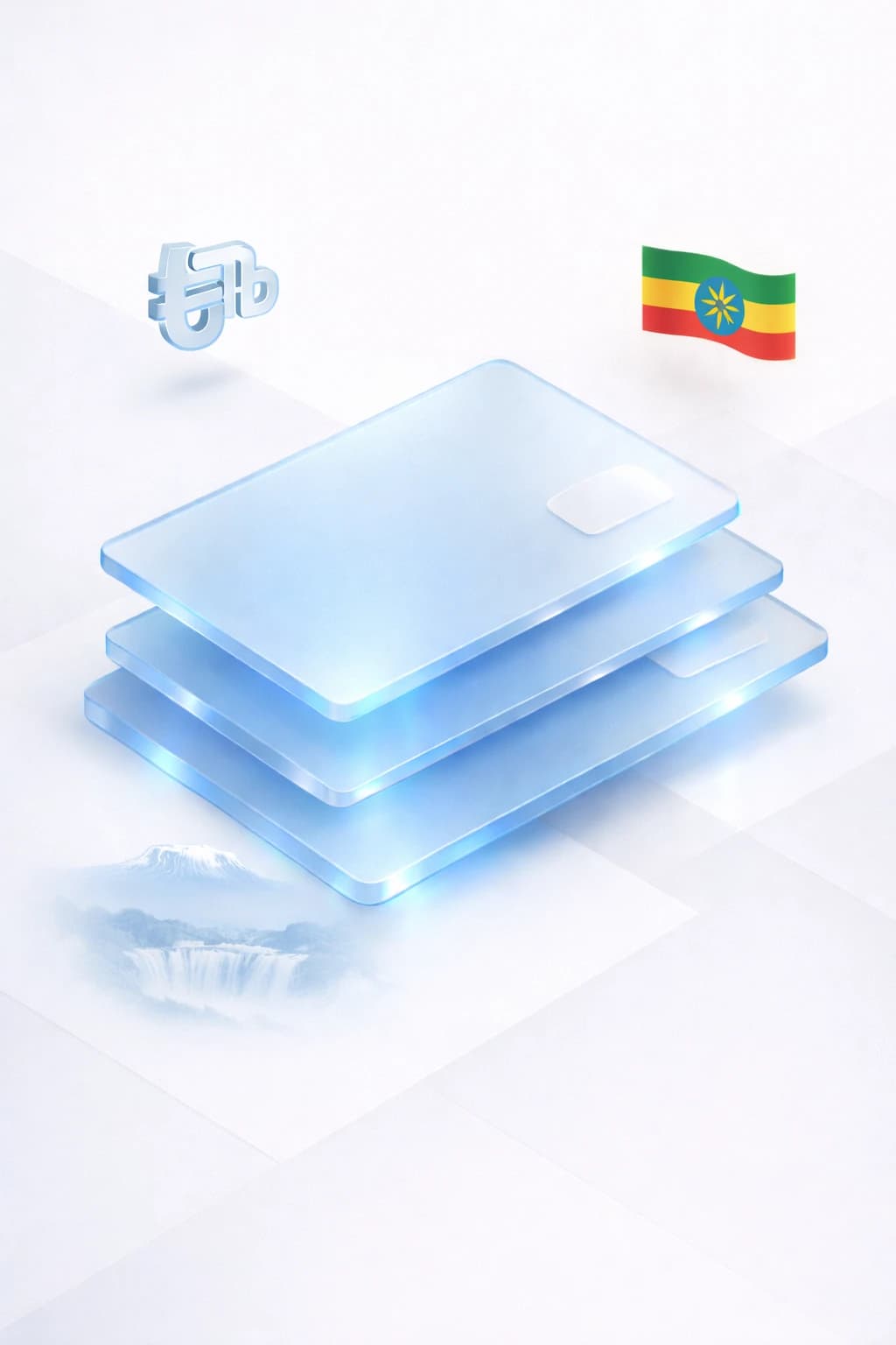 Stacked glass payment cards with a birr symbol, waterfall landscape, and Ethiopian flag
