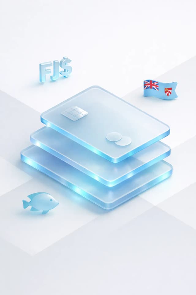 Stacked glass payment cards with a FJ$ symbol, tropical fish, and Fijian flag