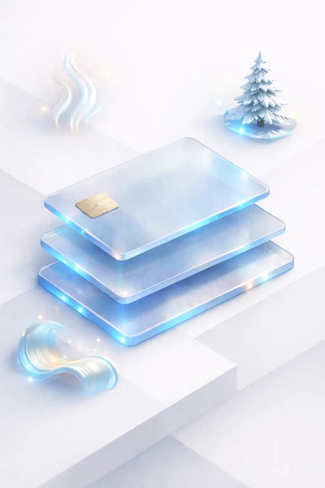 Stacked glass payment cards with aurora waves, a snow-covered pine tree, and a glass wave