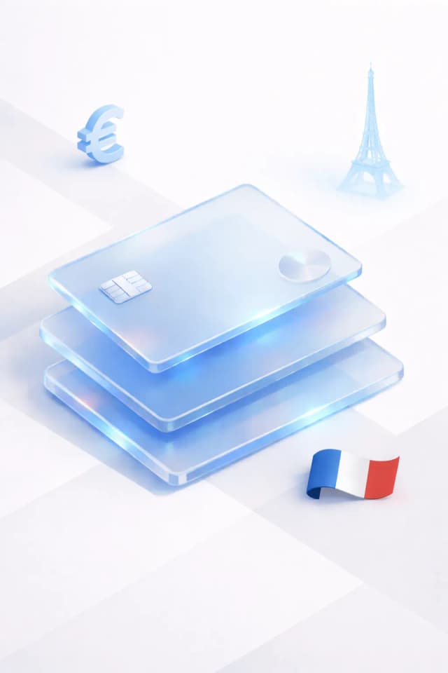 Stacked glass payment cards with a euro symbol, Eiffel Tower silhouette, and French tricolor