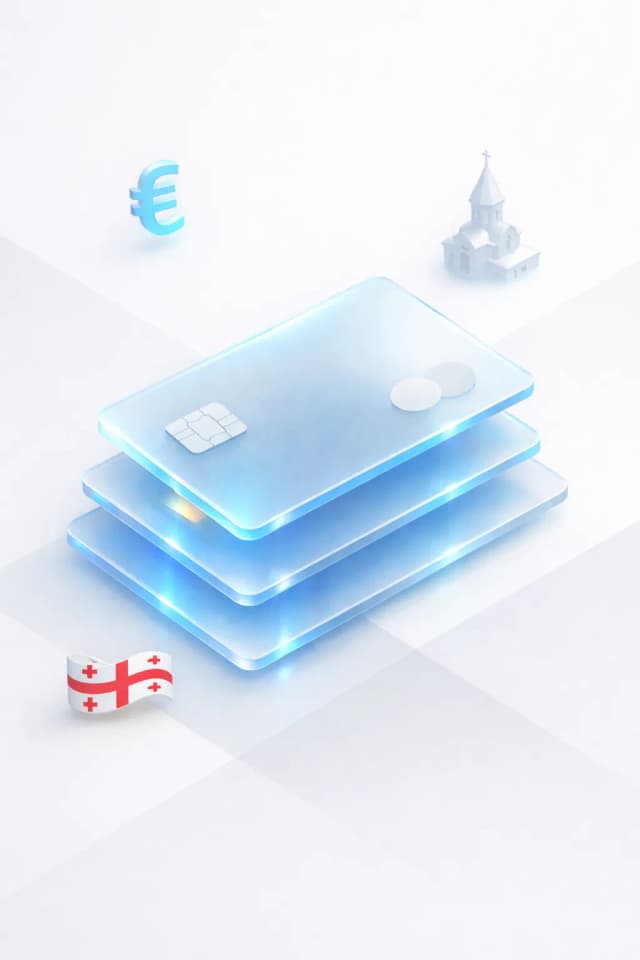 Stacked glass payment cards with a euro symbol, stone church silhouette, and Georgian flag