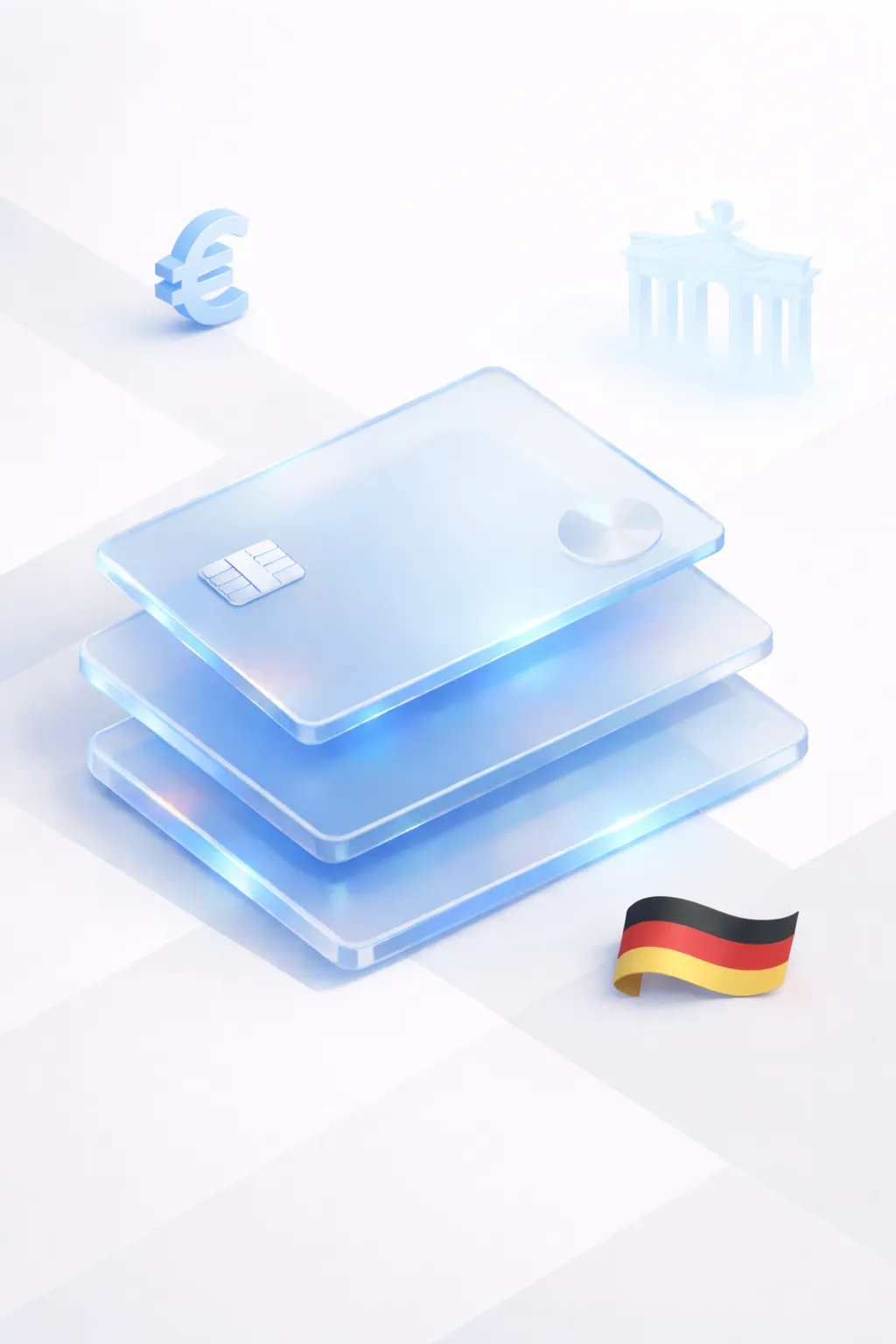 Stacked glass payment cards with a euro symbol, Brandenburg Gate silhouette, and German flag