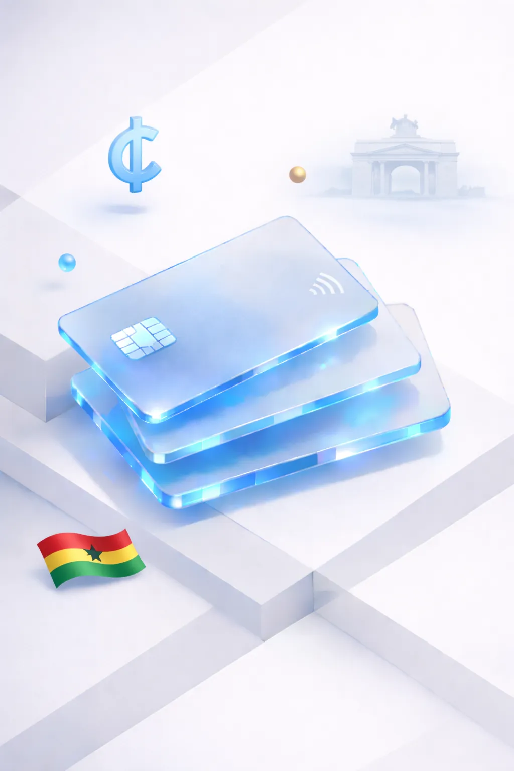 Stacked glass payment cards with a cedi symbol, arched gate monument, and Ghanaian flag