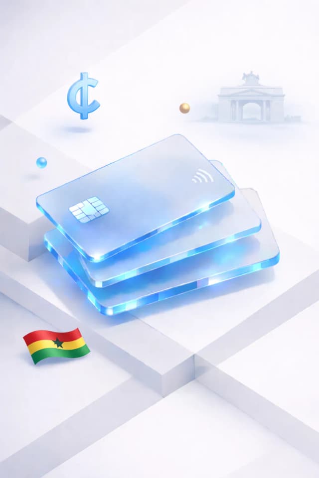 Stacked glass payment cards with a cedi symbol, arched gate monument, and Ghanaian flag