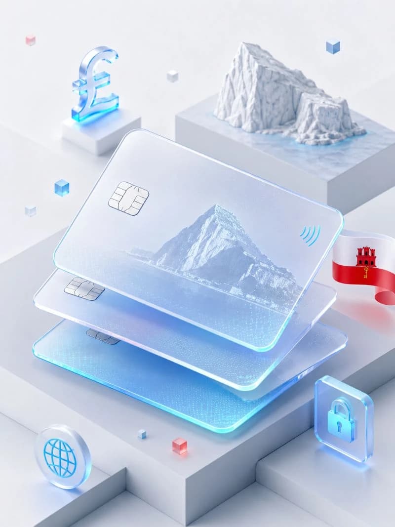 Stacked glass payment cards with a pound sterling symbol, Rock of Gibraltar silhouette, and Gibraltar flag