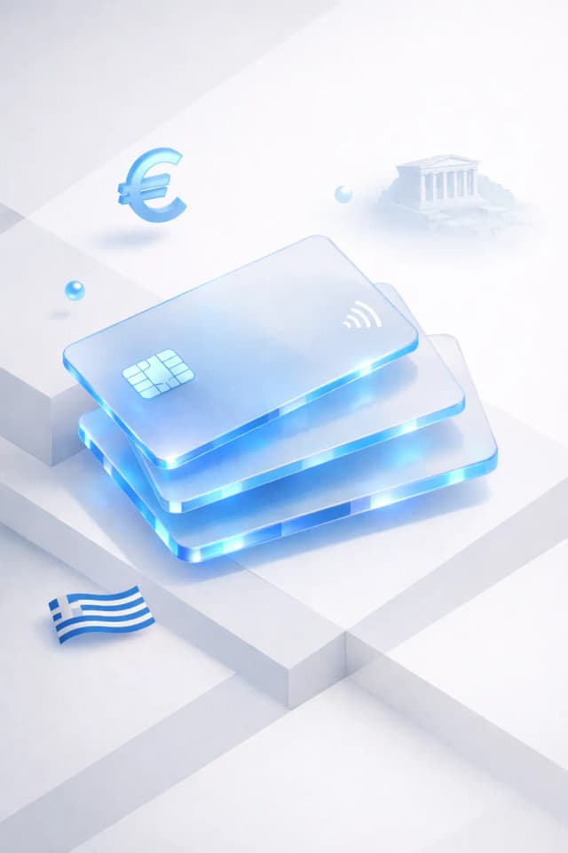 Stacked glass payment cards with a euro symbol, Parthenon silhouette, and Greek flag