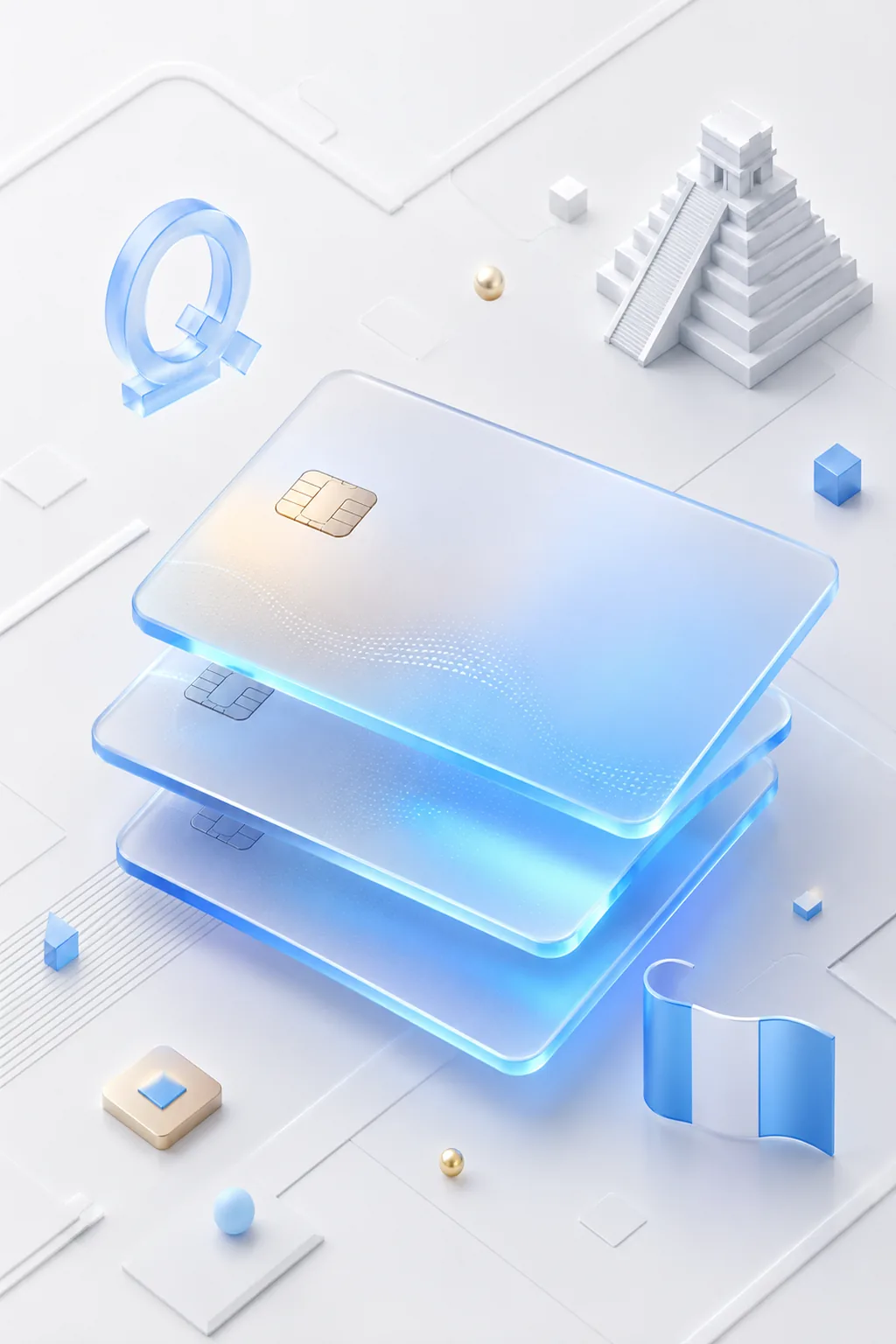 Stacked glass payment cards with a quetzal symbol, remittance dollar flow, and Guatemalan flag representing crypto cards in Guatemala