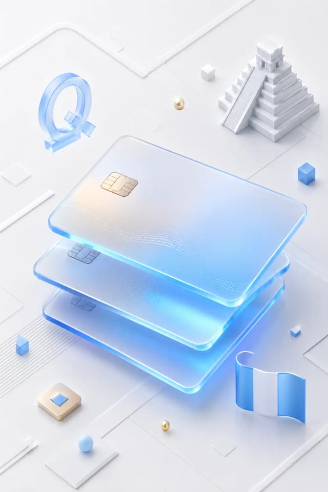 Stacked glass payment cards with a quetzal symbol, remittance dollar flow, and Guatemalan flag representing crypto cards in Guatemala