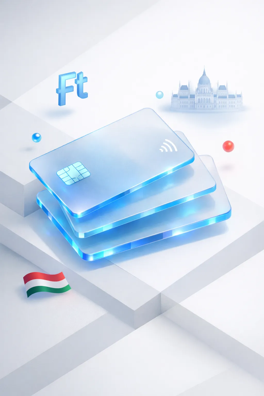 Stacked glass payment cards with an Ft symbol, Parliament building silhouette, and Hungarian flag