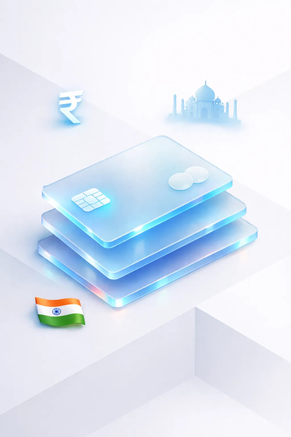 Stacked glass payment cards with a rupee symbol, Taj Mahal silhouette, and Indian flag