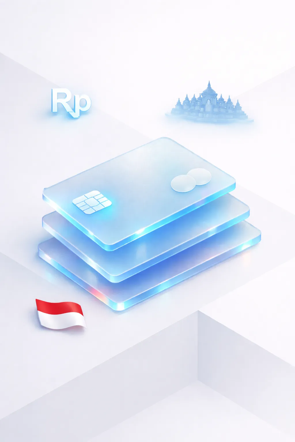 Stacked glass payment cards with an Rp symbol, Borobudur temple silhouette, and Indonesian flag