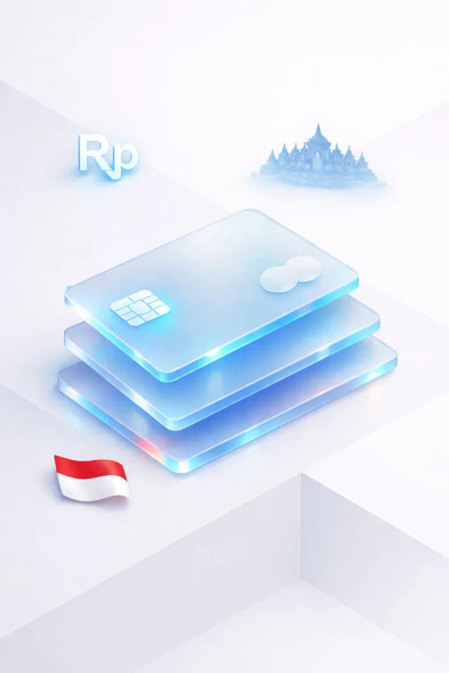 Stacked glass payment cards with an Rp symbol, Borobudur temple silhouette, and Indonesian flag