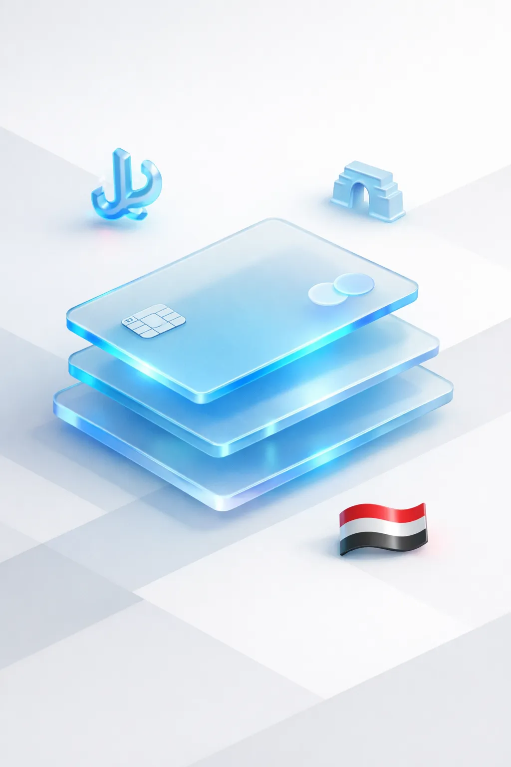 Stacked glass payment cards with a dinar symbol, archway silhouette, and Iraqi flag