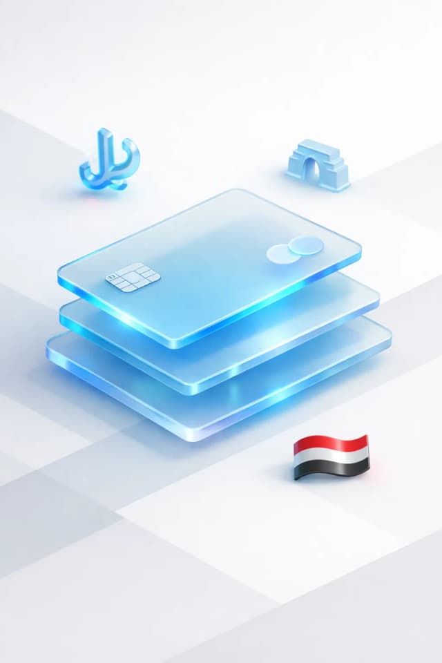 Stacked glass payment cards with a dinar symbol, archway silhouette, and Iraqi flag