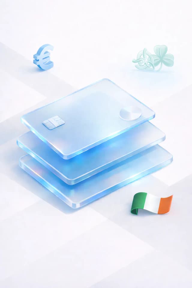 Stacked glass payment cards with a euro symbol, shamrock silhouette, and Irish flag