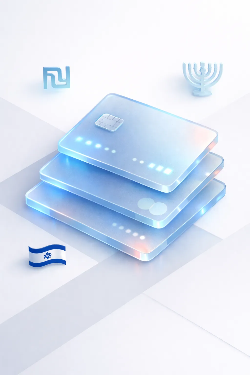 Stacked glass payment cards with a shekel symbol, menorah silhouette, and Israeli flag