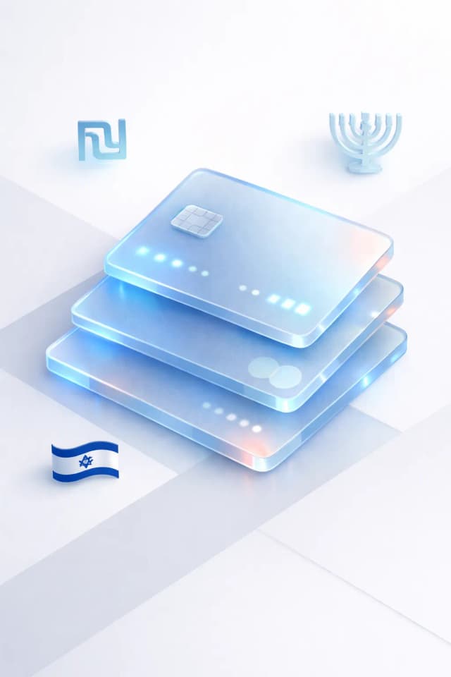 Stacked glass payment cards with a shekel symbol, menorah silhouette, and Israeli flag