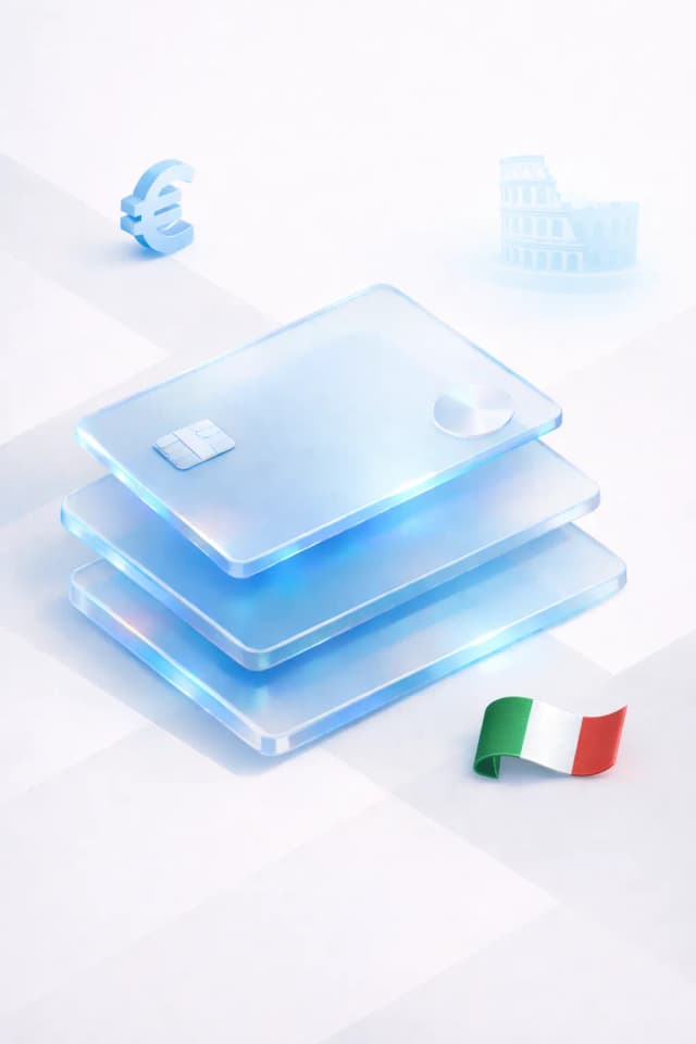 Stacked glass payment cards with a euro symbol, Colosseum silhouette, and Italian flag